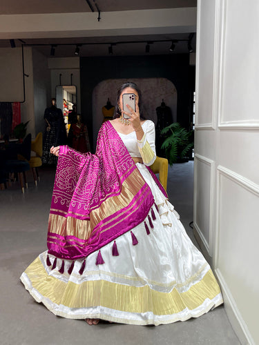White Color Dyeing With Lagdi Patta Gaji Silk Lehenga Choli ClothsVilla.com