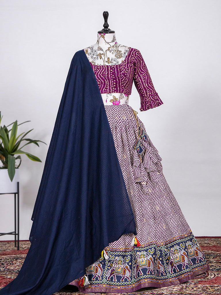 Wine Color Printed With Foil Cotton Lehenga Clothsvilla