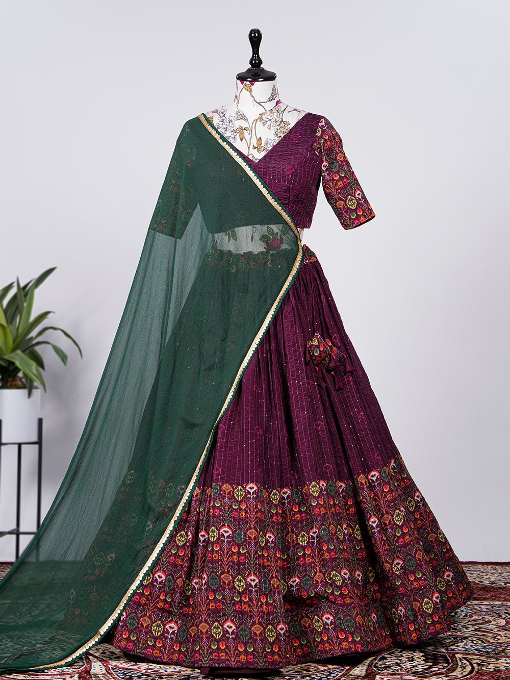 Wine Color Crochet Work Chinon printed Lehenga Clothsvilla Main image
