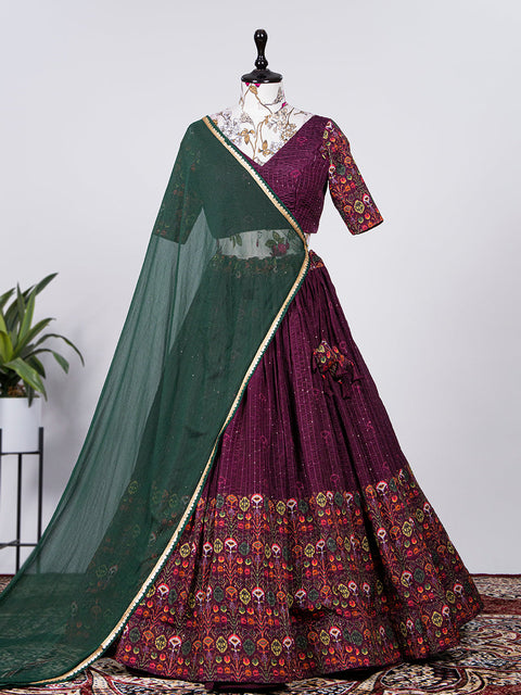 Wine Color Crochet Work Chinon printed Lehenga Clothsvilla Main image