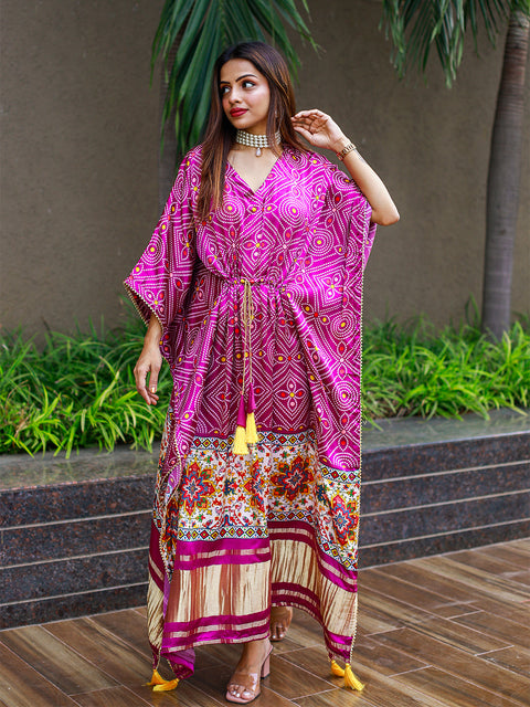Wine Color Bandhej Digital Print Pure Gaji Silk Kaftan Clothsvilla Main image