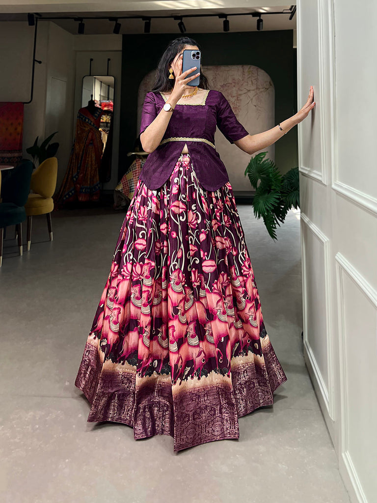 Wine Color Digital Print And Zari Weaving Work Dola Silk Lehenga Choli Clothsvilla