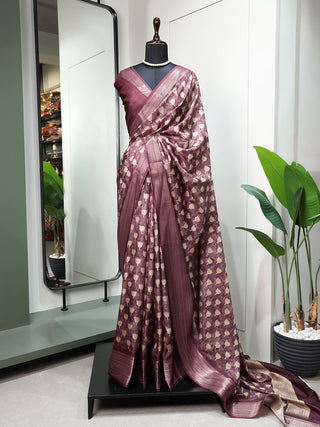 Wine Color Printed With Zari Border Dola Silk Saree Clothsvilla