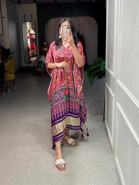 Wine Color Patola Printed Gaji Silk Kaftan ClothsVilla.com Main image