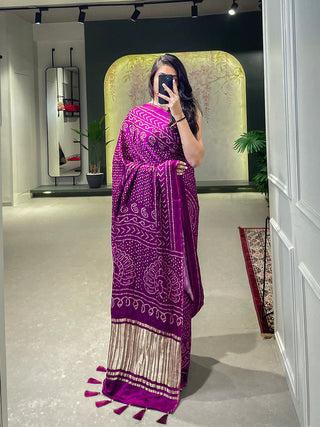 Wine Color Floral & Foil Work Gaji Silk Saree Clothsvilla