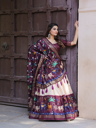 Wine Color Printed With Foil Work Dola Silk Lehenga Choli ClothsVilla.com