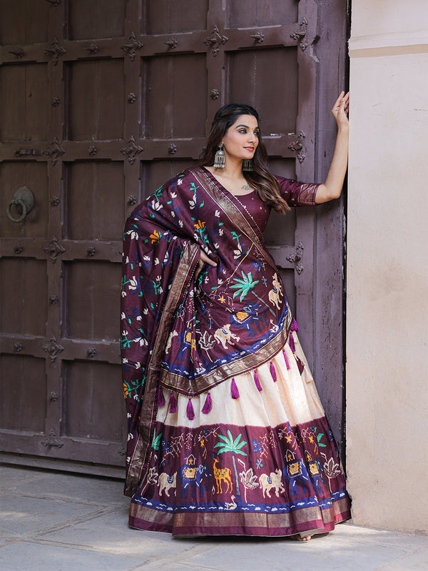 Wine Color Printed With Foil Work Dola Silk Lehenga Choli ClothsVilla.com