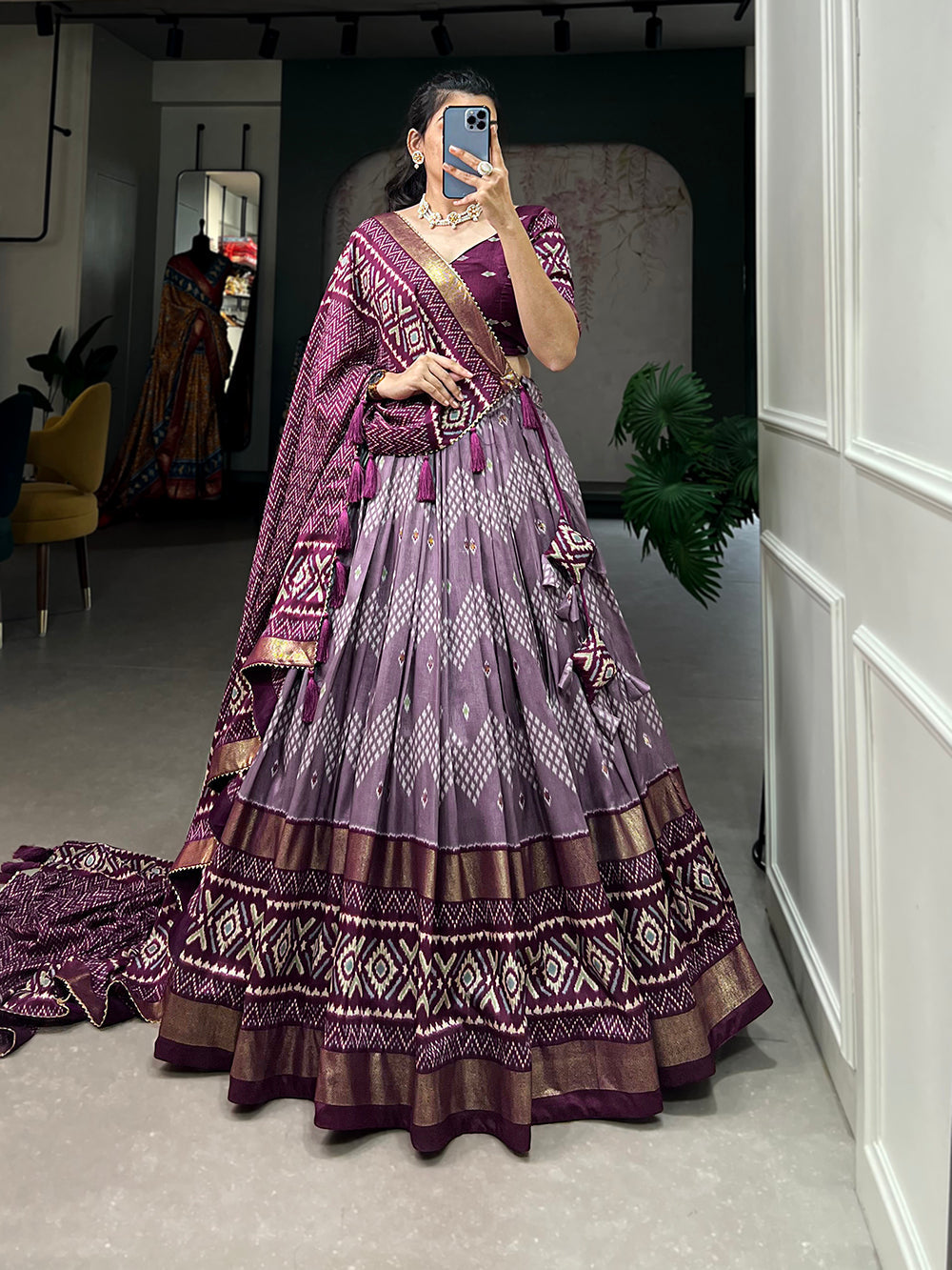 Wine Color Dot And Ikkat Print With Foil Work Tussar Silk Lehenga Choli Clothsvilla Main image