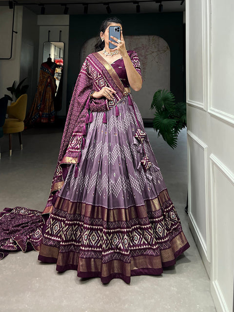 Wine Color Dot And Ikkat Print With Foil Work Tussar Silk Lehenga Choli Clothsvilla Main image