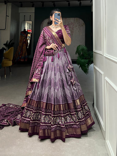 Wine Color Dot And Ikkat Print With Foil Work Tussar Silk Lehenga Choli Clothsvilla