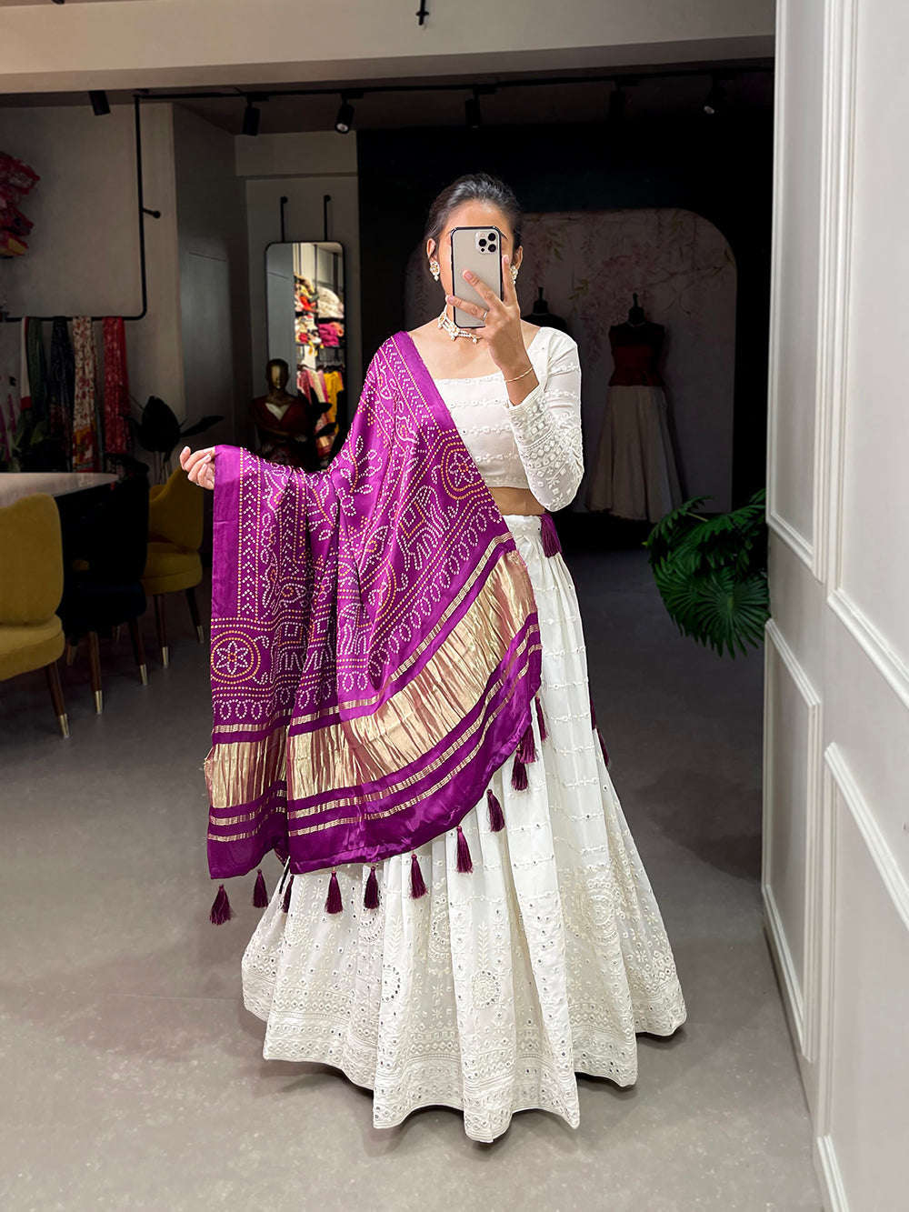 White Color Lucknowi Paper Mirror Work Georgette lehenga Choli ClothsVilla.com
