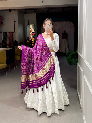 White Color Lucknowi Paper Mirror Work Georgette lehenga Choli ClothsVilla.com