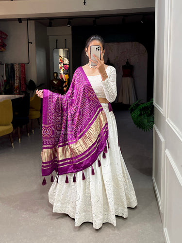 White Color Lucknowi Paper Mirror Work Georgette lehenga Choli ClothsVilla.com