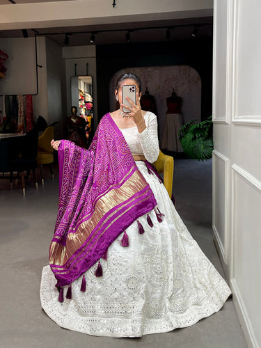 White Color Lucknowi Paper Mirror Work Georgette lehenga Choli ClothsVilla.com