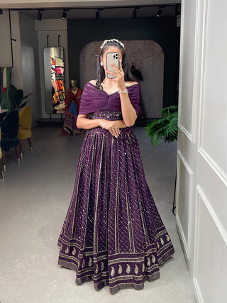 Wine Color Sequins and Embroidery Thread Work Georgette Co-Ord Set Lehenga Choli ClothsVilla.com