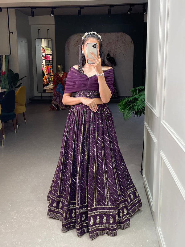 Wine Color Sequins and Embroidery Thread Work Georgette Co-Ord Set Lehenga Choli ClothsVilla.com