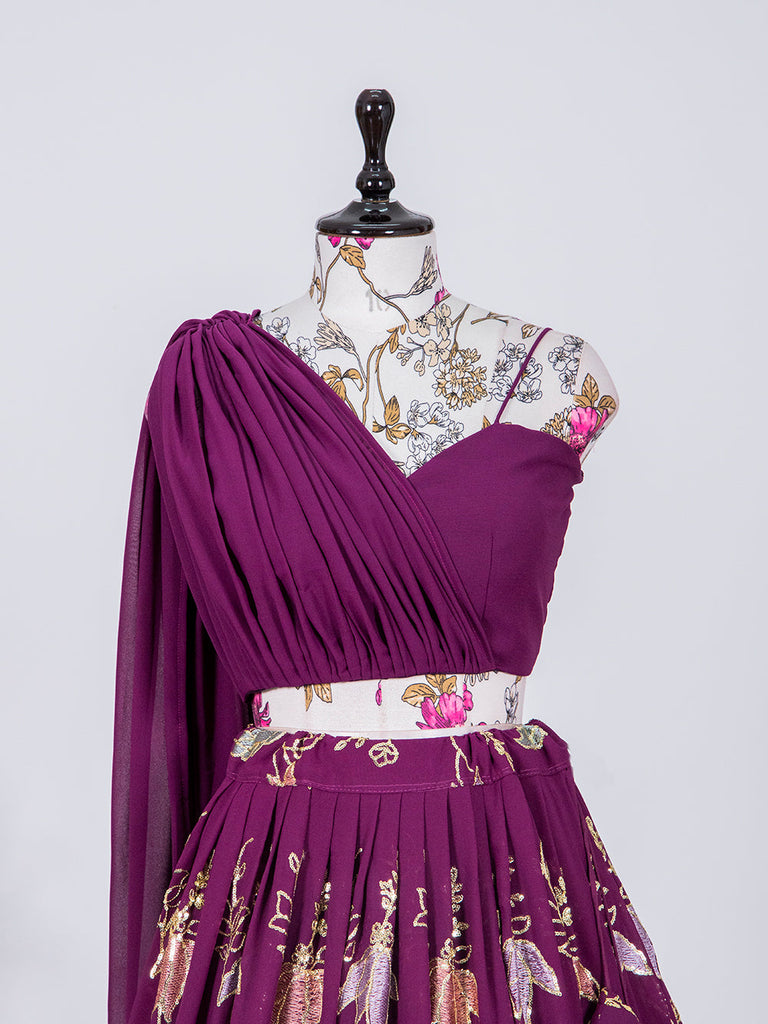 Wine Color Thread And Sequins Embroidery Work georgette Lehenga Coli Clothsvilla