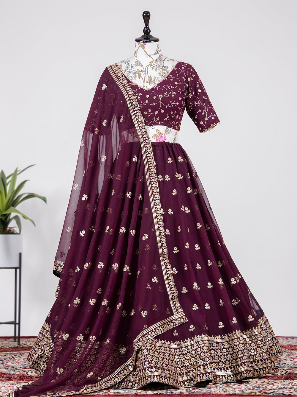 Wine Color Sequins & Embroidery Thread Work Georgette Lehenga Choli Clothsvilla