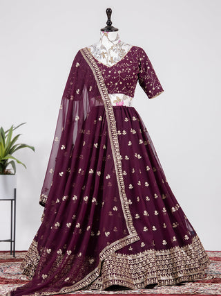 Wine Color Sequins & Embroidery Thread Work Georgette Lehenga Choli Clothsvilla
