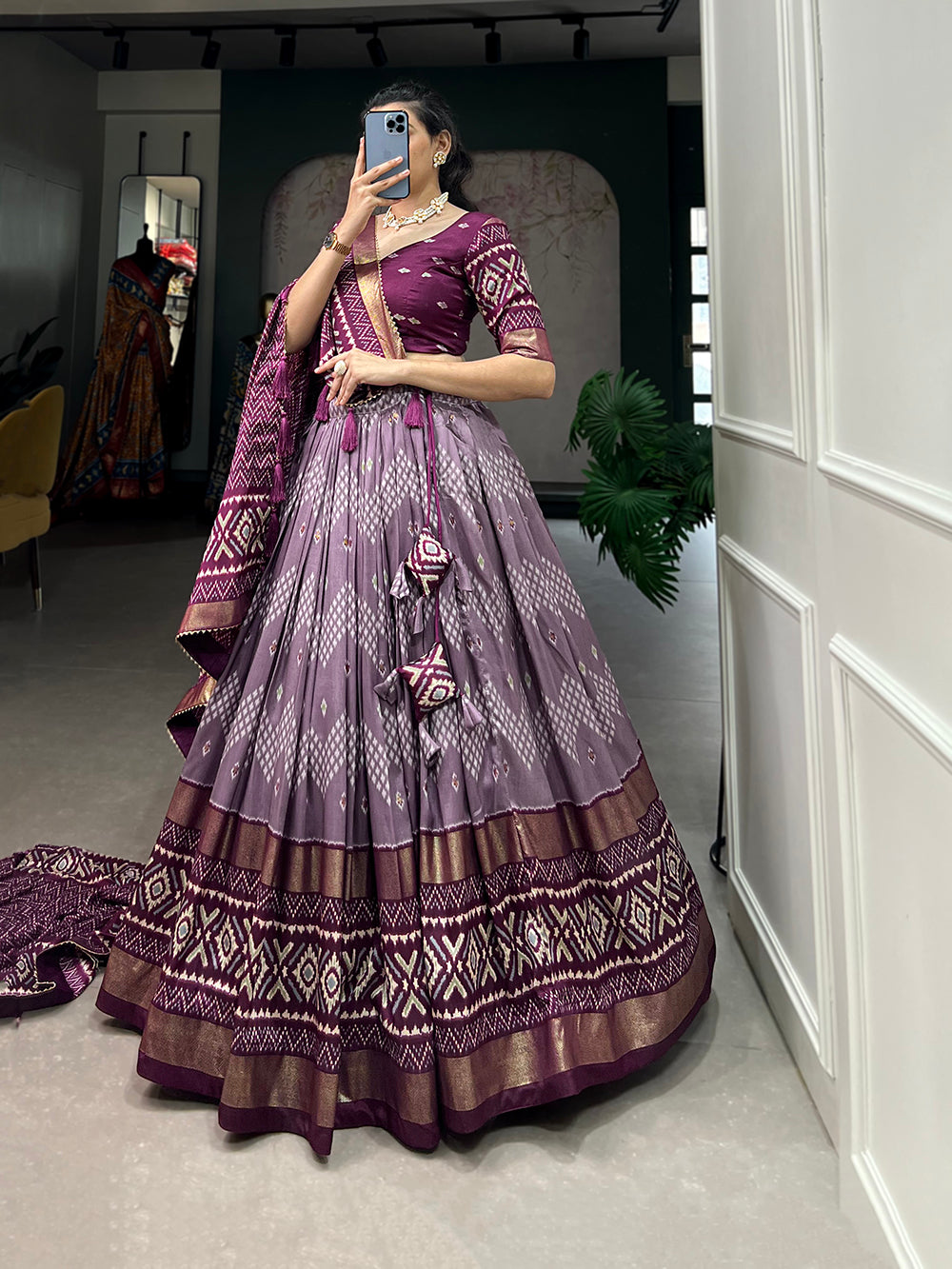 Wine Color Dot And Ikkat Print With Foil Work Tussar Silk Lehenga Choli Clothsvilla