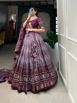 Wine Color Dot And Ikkat Print With Foil Work Tussar Silk Lehenga Choli Clothsvilla