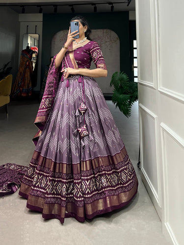 Wine Color Dot And Ikkat Print With Foil Work Tussar Silk Lehenga Choli Clothsvilla