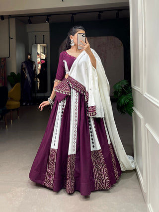 Wine Color Original Mirror Work With Bandhani Printed Cotton Chaniya Choli ClothsVilla.com