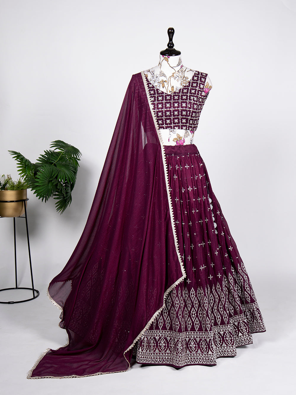 Wine Color Sequins Embroidery Work Neem Silk Lehenga Choli ClothsVilla.com