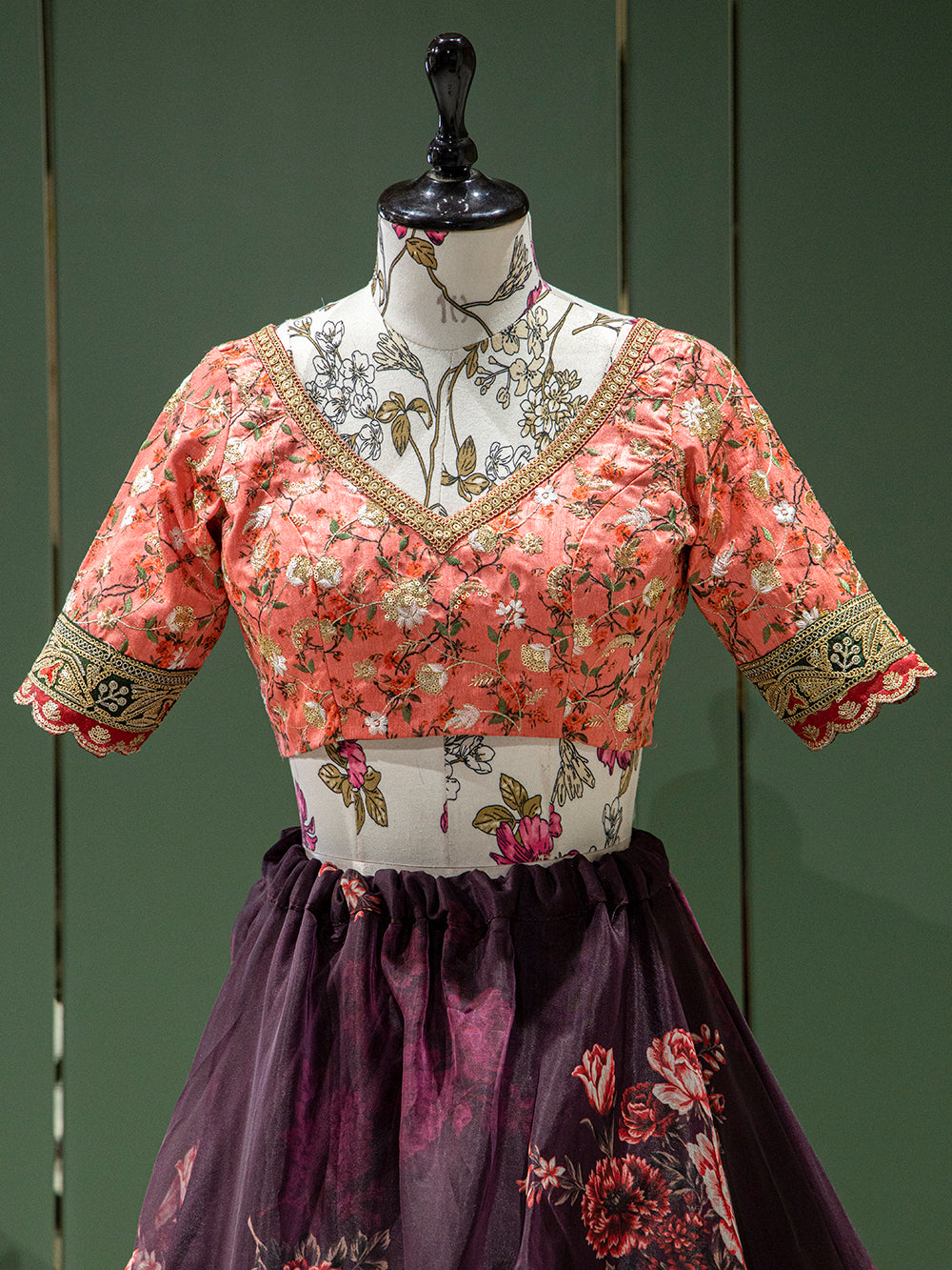Wine Color Floral Printed Organza Lehenga Choli Clothsvilla