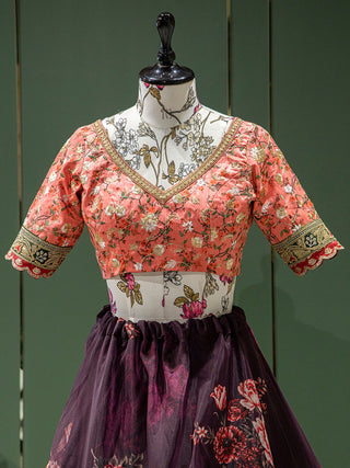 Wine Color Floral Printed Organza Lehenga Choli Clothsvilla