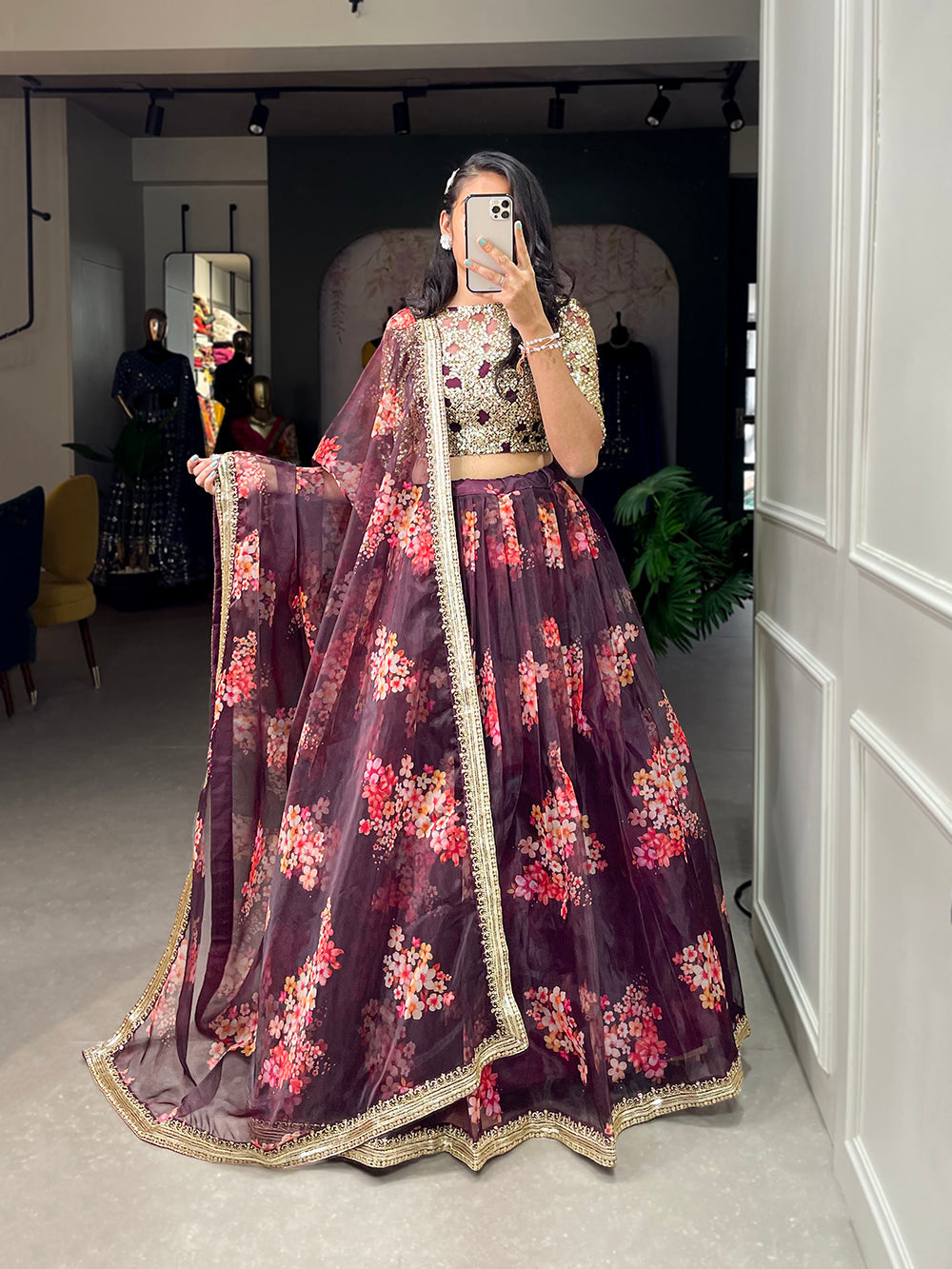 Wine Color Printed And Sequins Embroidery Lace Border Organza Lehenga Choli ClothsVilla.com