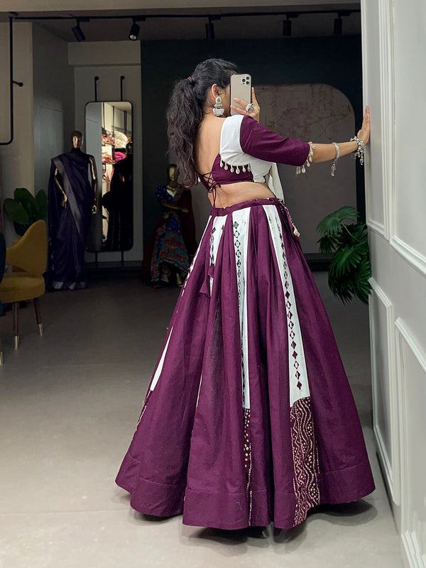 Wine Color Original Mirror Work With Bandhani Printed Cotton Chaniya Choli ClothsVilla.com