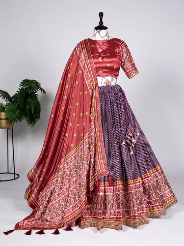 Wine Color Haydrabadi Patola Print and Sequins Embroidery Chinon Lehenga Choli ClothsVilla.com