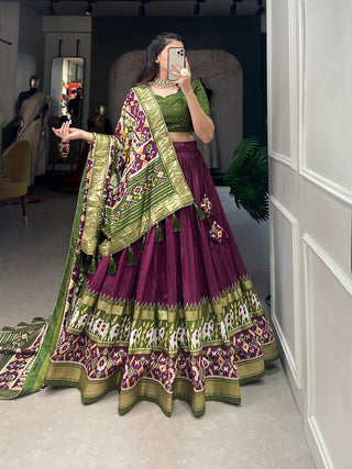 Wine Color Patola Print With Foil Work Tussar Silk Lehenga Choli ClothsVilla.com
