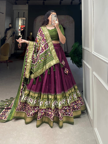 Wine Color Patola Print With Foil Work Tussar Silk Lehenga Choli ClothsVilla.com