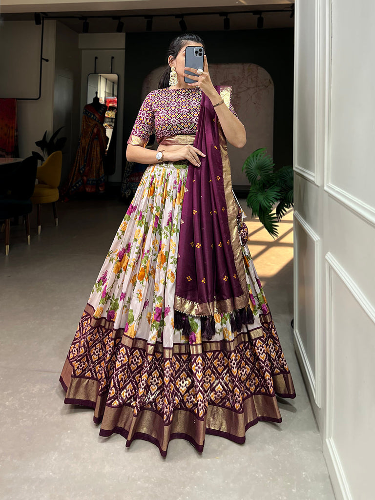 Wine Color Floral And Patola Printed With Foil Work Tussar Silk Wedding Lehenga Choli Clothsvilla