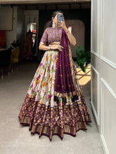 Load image into Gallery viewer, Wine Color Floral And Patola Printed With Foil Work Tussar Silk Wedding Lehenga Choli Clothsvilla