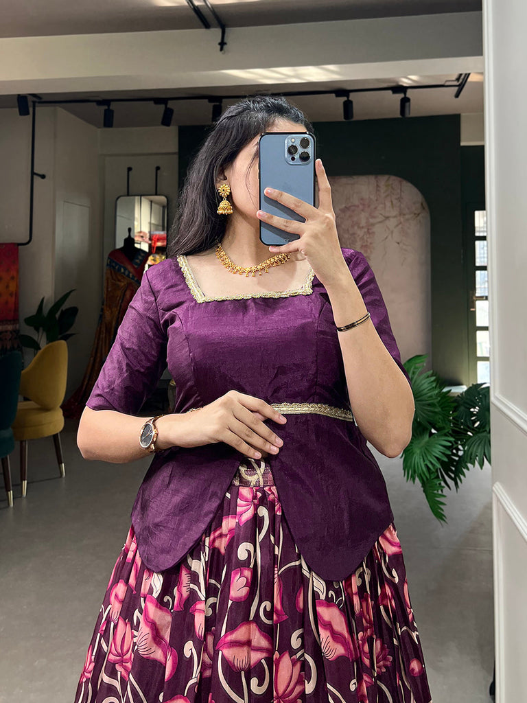 Wine Color Digital Print And Zari Weaving Work Dola Silk Lehenga Choli Clothsvilla