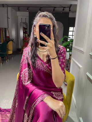 Wine Color Semi Gaji Satin Saree With Foil And Print Work Clothsvilla