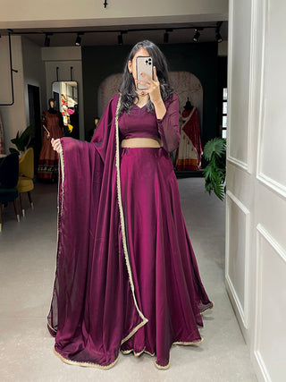 Wine Color Plain With Lace Border Rangoli Silk Lehenga Choli Set ClothsVilla.com