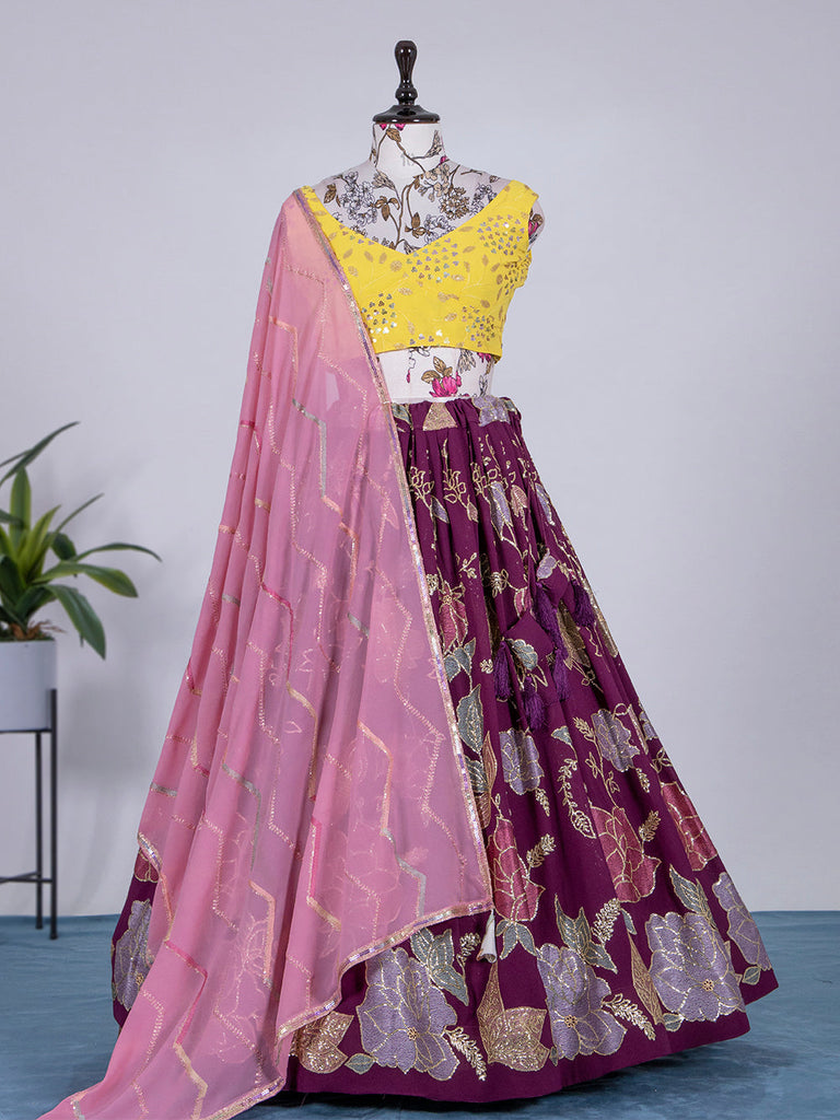 Wine Color Thread And Sequins Embroidery Work Georgette Lehenga Choli Clothsvilla