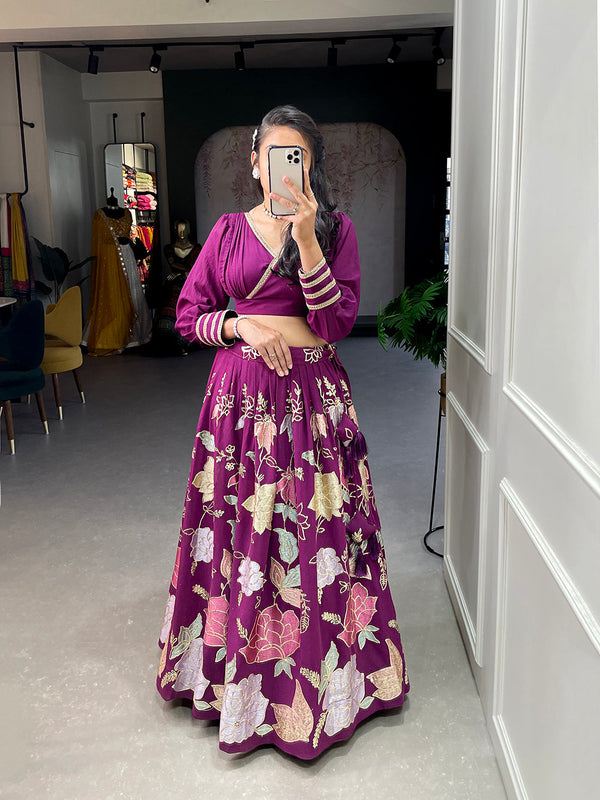 Wine Color Thread And Sequins Embroidery Work Georgette Co-Ord Set Lehenga Choli ClothsVilla.com