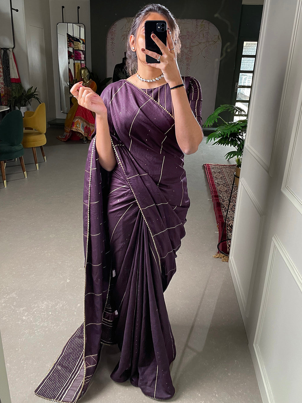 Wine Sequins And Zari Work Viscose Chanderi Saree Clothsvilla