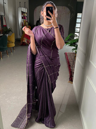 Wine Sequins And Zari Work Viscose Chanderi Saree Clothsvilla