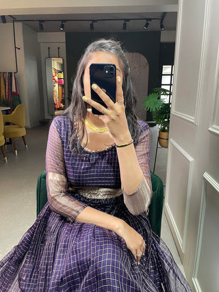 Wine Color Zari Weaving Work Organza Chex Gown Clothsvilla