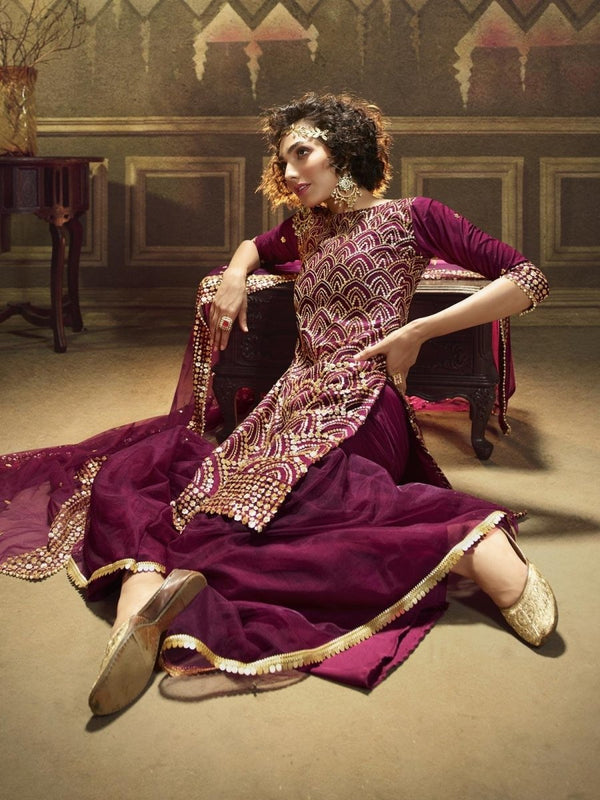 Wine Net Embroidered Partywear Sharara Suit Clothsvilla