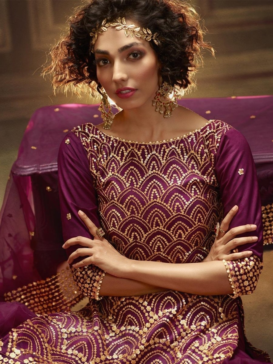 Wine Net Embroidered Partywear Sharara Suit Clothsvilla
