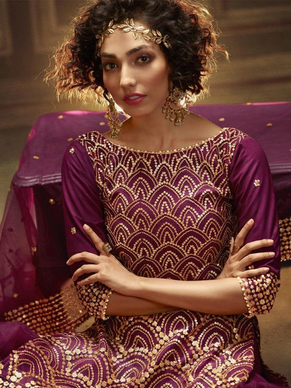 Wine Net Embroidered Partywear Sharara Suit Clothsvilla