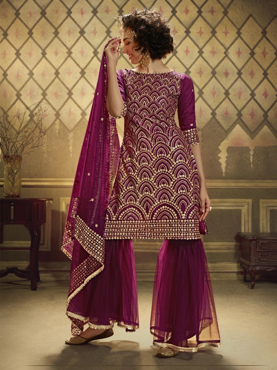 Wine Net Embroidered Partywear Sharara Suit Clothsvilla