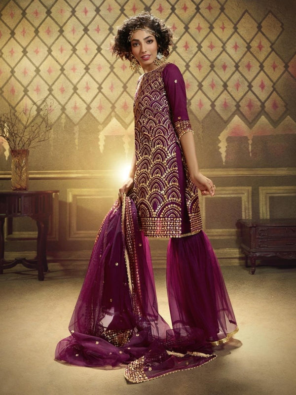 Wine Net Embroidered Partywear Sharara Suit Clothsvilla